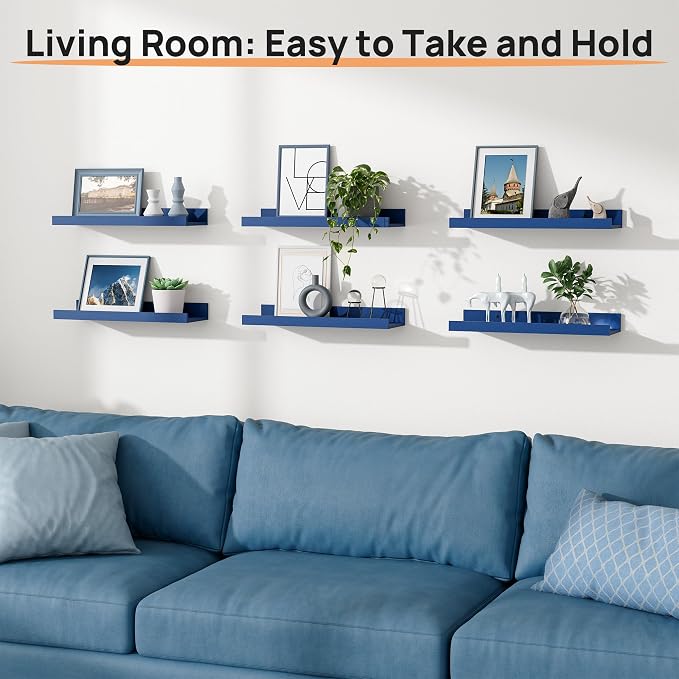 upsimples Floating Shelves for Wall Decor Storage, Navy Blue, 6Pcs, 15.7'' | Wall Mounted Wood Shelves for Living Room, Bedroom, Bathroom, Kitchen, Office, Laundry Room Display and Organize