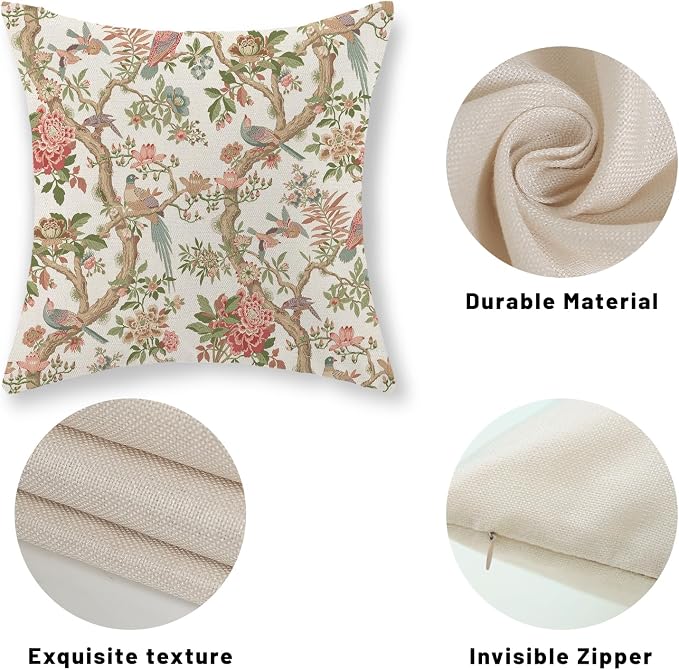 Chinoiserie Pillow Covers 18x18 Set of 2 Pink Green Bird Floral Throw Pillows Vintage Pink Flower Bird Decorative Pillow Cases Outdoor Chinoiserie Decor Farmhouse Cushion Case for Couch Sofa