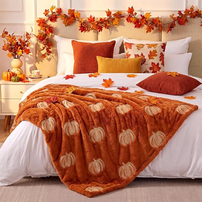 Tegeme Fall Halloween Pumpkin Throw Blanket 50" x 60", 3D Pumpkin Pattern Faux Rabbit Fur Fleece Blanket, Soft Cozy Rust Autumn Throw for Couch Sofa Bed, Thanksgiving Gift for Women Mom(Light Orange)
