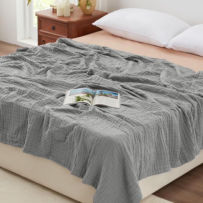 Love's cabin 100% Cotton Muslin Blanket, 6 Layer Lightweight Breathable Gauze Queen Size Blanket 90 x 90 Inches, Soft All Season Blanket for Bed, Medium Grey