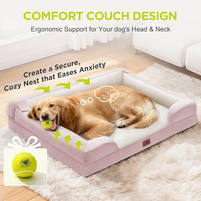 Waterproof Orthopedic Dog Bed for Extra Large Sized Dogs | Memory Foam Pet Bed Sofa with Bolster, Dog Couch with Washable Cover & Non-Slip Bottom, 45x35 Inch, Pink