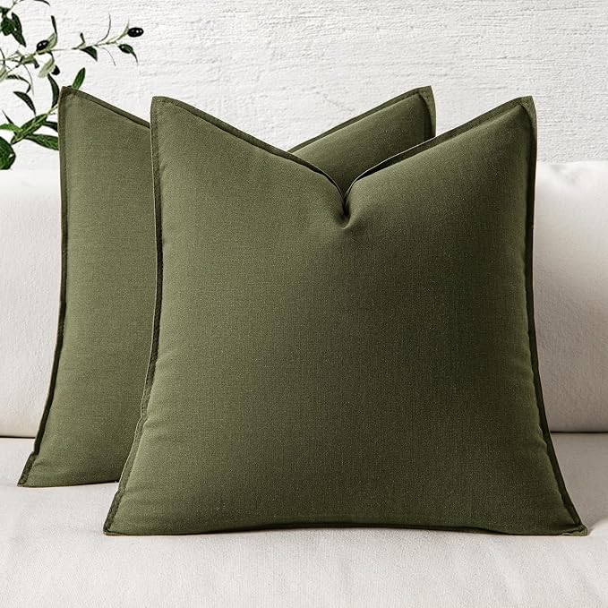 MIULEE Pack of 2 Decorative Linen Pillow Covers 22x22 Inch Olive Green | Boho Farmhouse Modern, Soft Accent Throw Pillows, Neutral Cushion Covers, Home Decor for Bed Sofa Couch Living Room