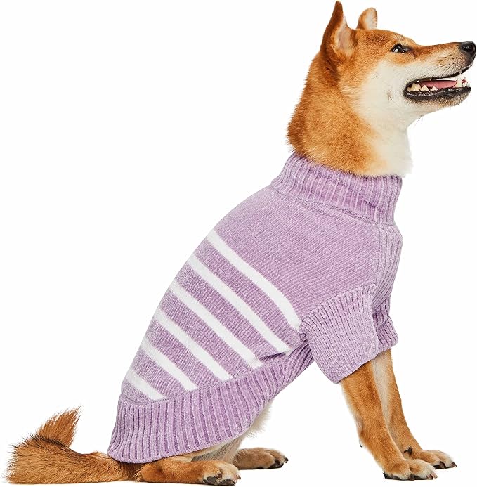 Blueberry Pet Cozy Soft Chenille Classy Striped Dog Sweater in Lavender Frost, Back Length 22", Pack of 1 Clothes for Dogs