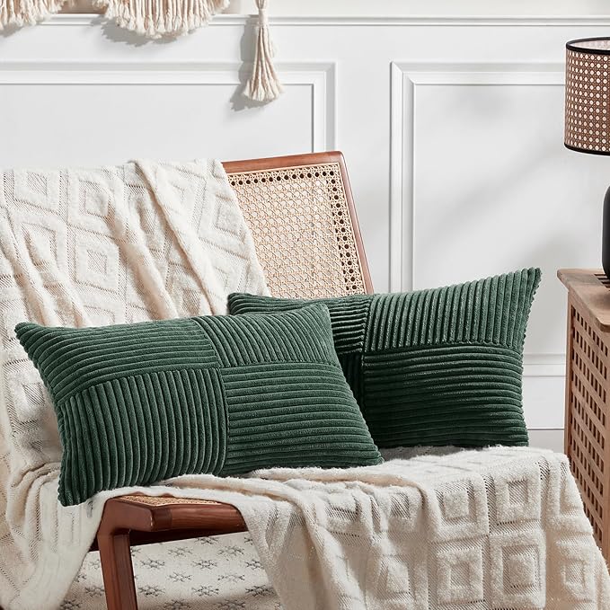 Fancy Homi Dark Green Long Lumbar Decorative Throw Pillow Covers 14x24 Inch for Living Room Couch Bed, Boho Farmhouse Forest Green Home Decor, Soft Corduroy Corss Textured Cushion Case