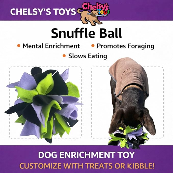 Chelsy's Toys Interactive Snuffle Ball for Dogs, Mental Stimulation Toy, Slow-Play Treat Dispenser, Brain Exercise for Puppies & Seniors, Teething Relief, Blue, Orange, Purple (Lavender)