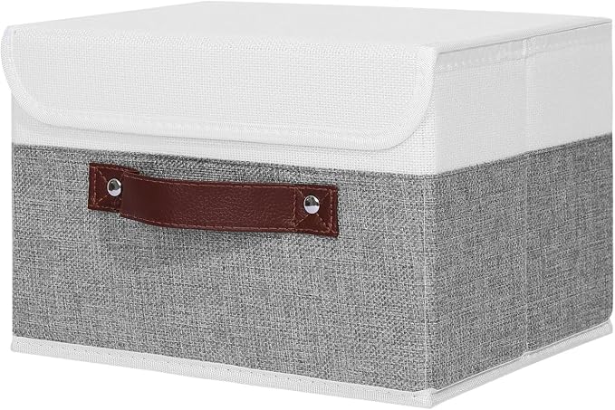 ANMINY Fabric Storage Box Bins with Lids, Gray White, 13"x9"x7.9" | Keepsake Memory Storage, Cotton Linen, PP Board Reinforced, Washable, PU Handles, Foldable & Stackable, Decorative, Medium