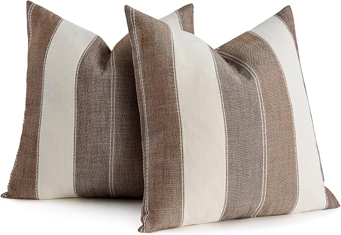 Pack of 2 Farmhouse Stripe Check Throw Pillow Covers Set Case Cotton Linen Decorative Pillowcases Cushion Cover for Couch Bench Sofa 16x16Inch Brown