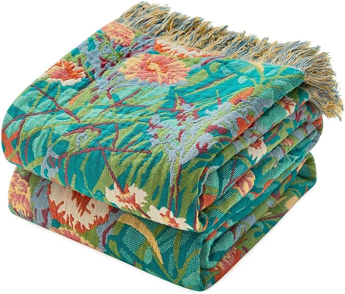 MSGKV Boho Throw Blanket 60"x80" 100% Cotton Floral Blanket for Couch Sofa | 100% Cotton Throw, Floral Pattern, Muslin Blanket, Summer Breathable, Farmhouse Home Decor, All Seasons, Machine Washable