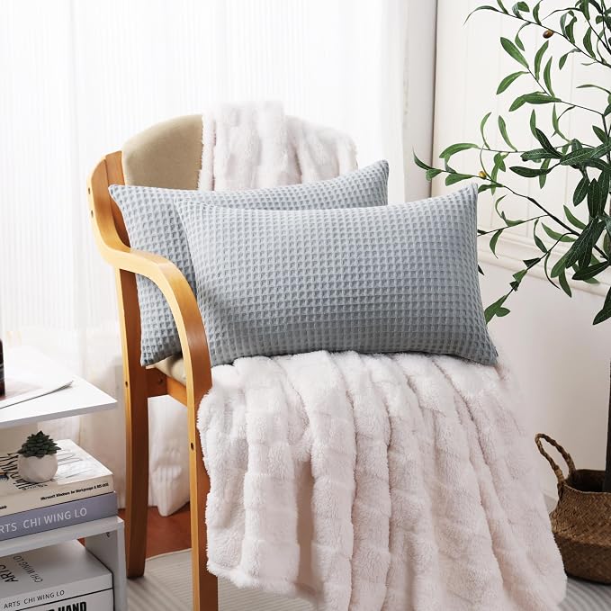 100% Egyptian Cotton 600 TC Waffle Weave Lumbar Pillow Covers 2 Pack | Ultra Soft Breathable Rectangle Throw Pillow Covers, Decorative Cushion Covers for Bed Couch Sofa Car, Gray, 12" x 20"