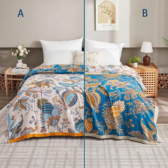 Boho Throw Blanket for Bed 100% Cotton Bohemian Blankets Ultra Soft Woven Muslin Decorative Blankets All Seasons Vintage Quilt Knitted Blanket for Sofa Chair(Beige, 90"x98")