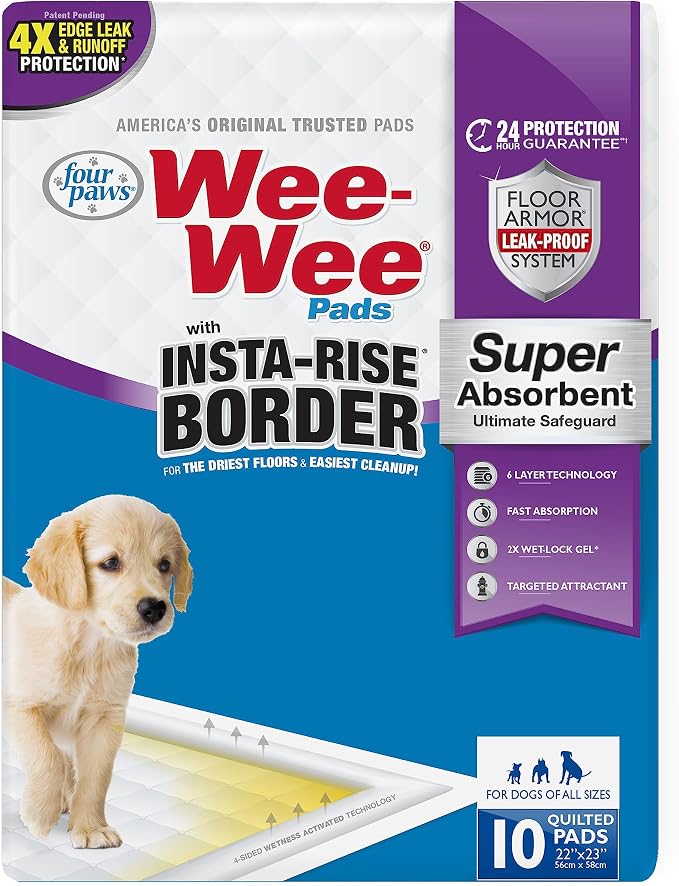 Four Paws Wee-Wee Super Absorbent Insta-Rise Dog Pee Pads, 10 Count | Edge leak & runoff protection, leak-proof puppy pads, built-in attractant, dog housebreaking, all day protection, 22" x 23"