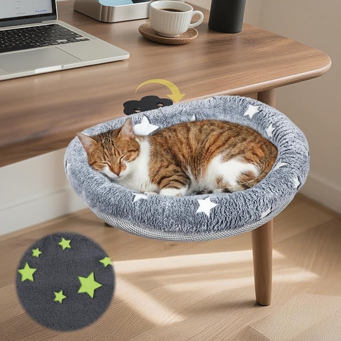Cat Desk Bed, Adjustable Cat Desk Hammock, Cat Bed for Desk | Glow in The Dark, Removable Washable Cover, Sturdy Metal Frame, Desk Cat Bed, Cat Desk Perch, Supports up to 50 Lbs