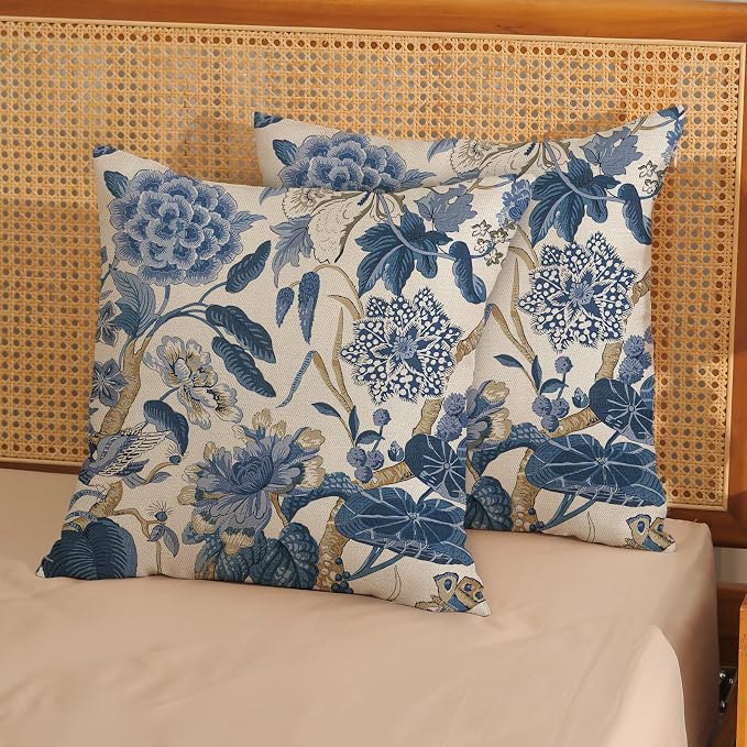 Blue Pillow Covers 16x16 Inch Set of 2 Vintage Blue Floral Throw Pillows Chinoiserie Flower Decorative Pillow Cases Outdoor Linen Farmhouse Cushion Cover for Couch Home Sofa Bed Decorations