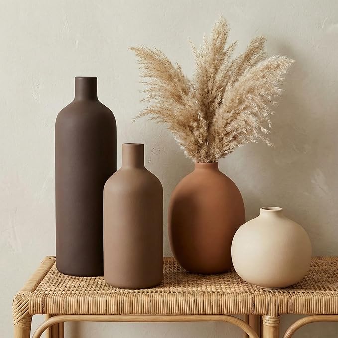 Ceramic Vase Set of 4, Decorative Neutral Modern Flower Vases for Home Decor, Living Room, Shelf Decor, Bookshelf, Kitchen, Centerpiece, Table, Bedroom, Office, Farmhouse