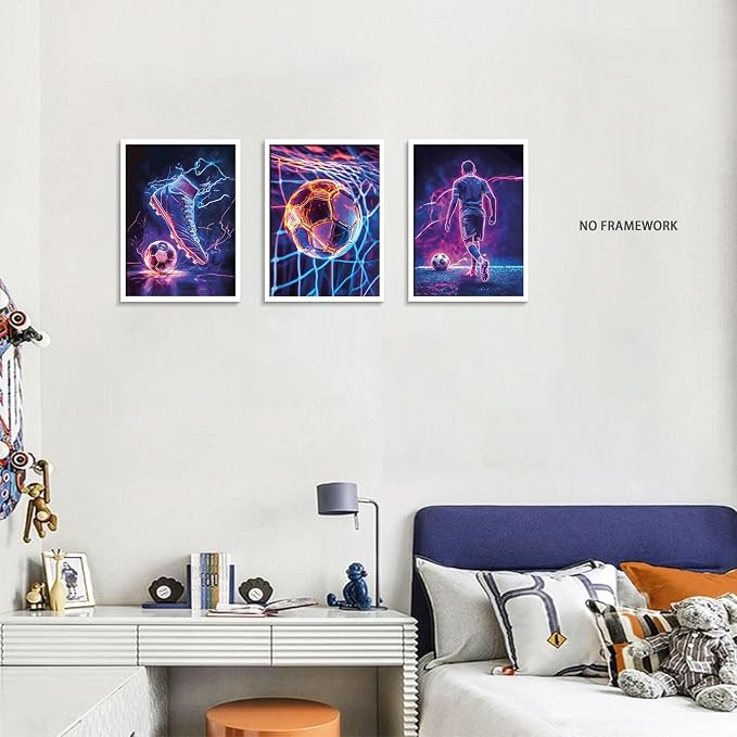 BGFCE Cool Soccer Gaming Wall Art Posters Set of 3, Neon Video Gamer Canvas Pictures, Colorful Soccer Game Painting Prints for Boys Room, Gaming Room Decor for Kids Gamer Room 12x16 inch Unframed