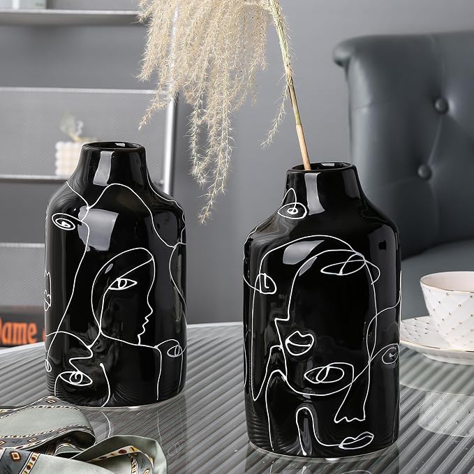 Kimdio Ceramic Vase Set, 2pcs Black Abstract Irregular Design Flower Vases, Modern Home Decor Living Room Decor Minimalist Decorative Vase for Pampas Grass