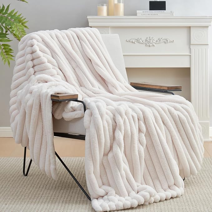Faux Fur Throw Blanket for Couch, Cozy Fuzzy Fluffy Fur Luxurious Soft Striped Plush Gift Blankets for Family Sofa Chair, 60"x80", Ivory