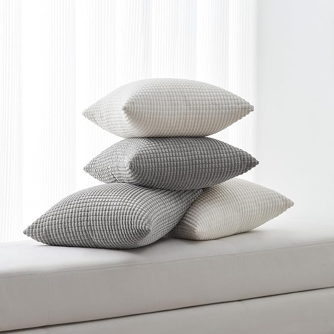 Topfinel 4 Packs Decorative 20x20 Inch Grey Throw Pillow Covers for Living Room Couch Bed, Rustic Modern Home Decor, Soft Corduroy Small Bulge Accent Square Cushion Case 50x50 cm(Light Grey)