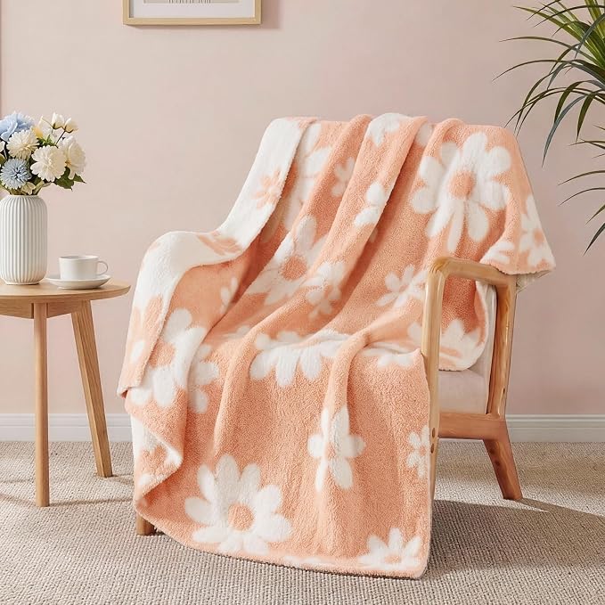 Soft Throw Blanket for Couch-Cozy Reversible Knitted Blankets | Lightweight Warm Fluffy Decor for Women, Mom, Her & Girls, Sofa, Chair, Bed, 50x60in,Daisy Floral Peach Orange