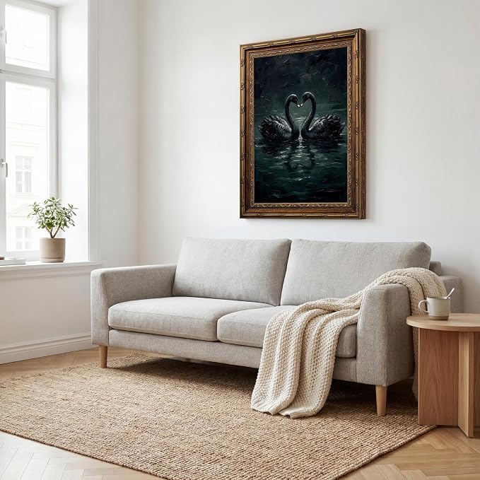 Vintage Gold Framed Gothic Wall Art Moody Love Black Swan Canvas Print | Dark Academia Swan Painting Print, Romantic Vintage Animal Poster Picture Wall decor for Bedroom Living Room Office 16x24 In