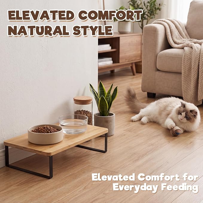 Bamboo Wood Cat Food Stand for Automatic Cat Feeder and Bowls | Non-Slip Metal Frame Elevated Cat Bowls Stand 15.7'' x 9.1'' Tabletop Fit Most Automatic Feeders, Raises Feeder/Bowl by 3.5''