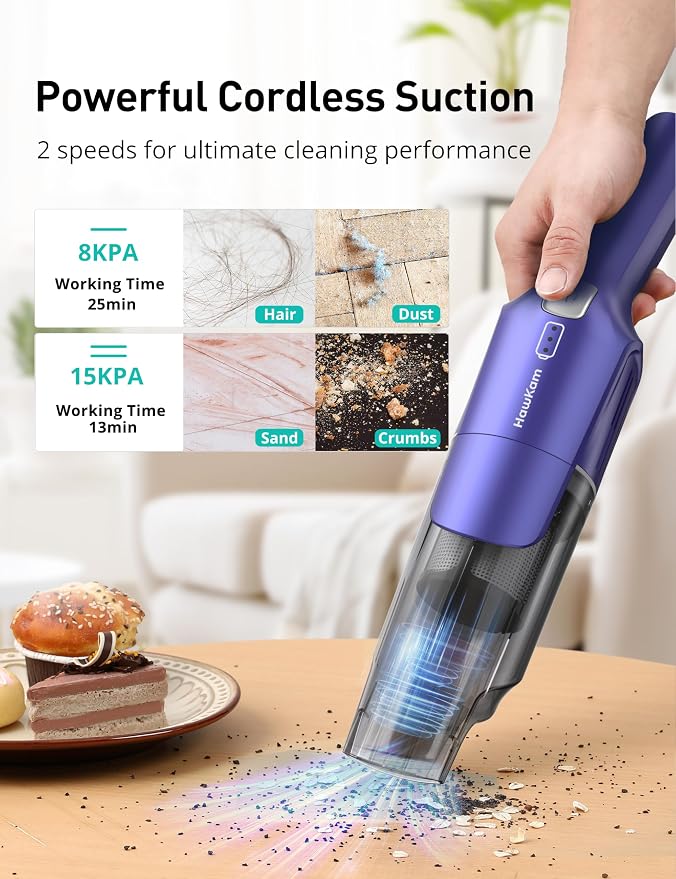Handheld Vacuum Cordless, 24KPA Powerful, Rechargeable, Charging Dock, Ergonomic Handle, 2-in-1 Crevice Tool, 1.8lb Portable Vacuum Cleaner with 2-Speed for Car, Portable Car & Pet Hair Vacuum