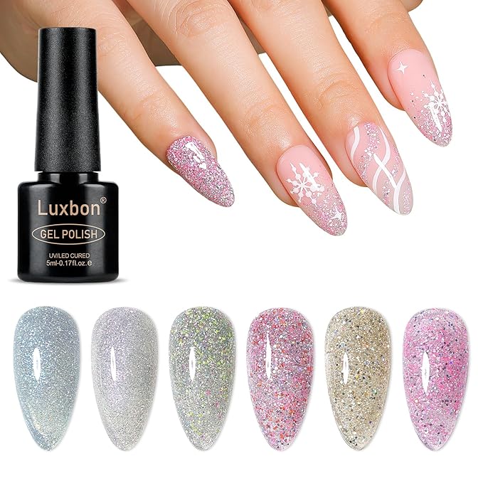 Luxbon 6 pcs Glittery Gel Nail Polish Set - Winter Color Set Long Lasting Gel Polish, uv led Soak Off Nail Art Designs Manicure Kit 030