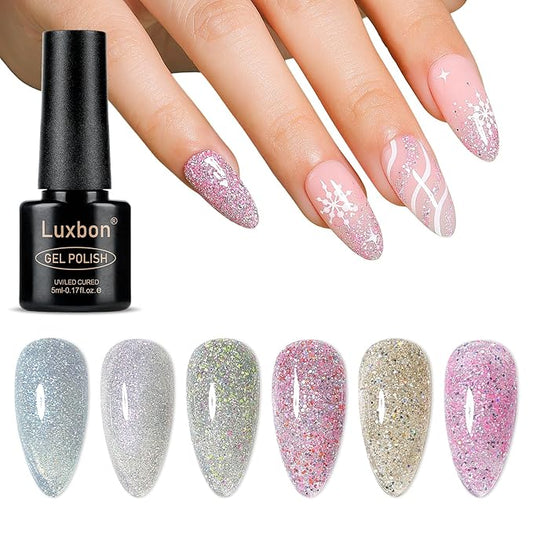Luxbon 6 pcs Glittery Gel Nail Polish Set - Winter Color Set Long Lasting Gel Polish, uv led Soak Off Nail Art Designs Manicure Kit 030