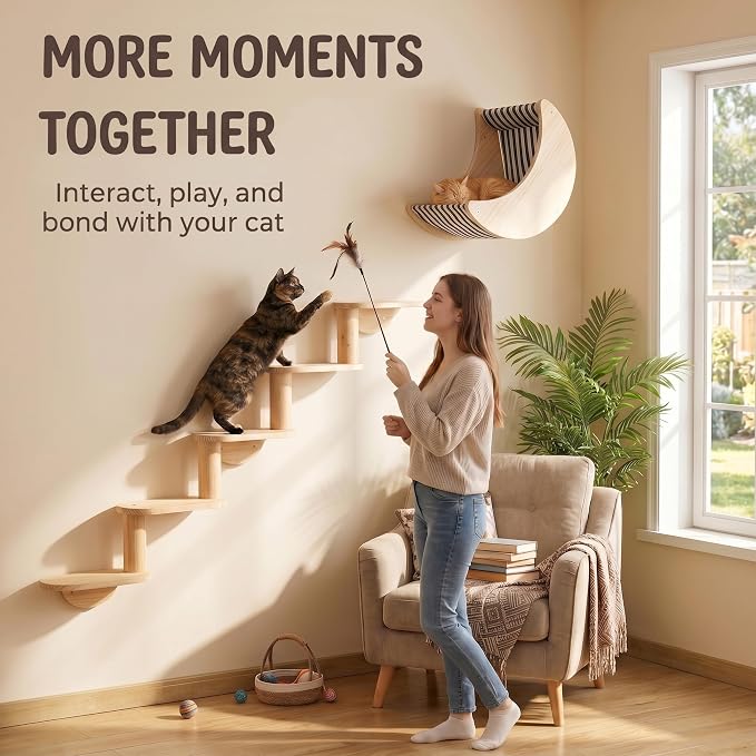 Cat Wall Shelves, Solid Wood Moon Bed, 5-Step Stairs for Vertical Climbing | 2-in-1 Wall-Mounted Cat Furniture;Wall & Corner Setup;16-Inch Stud Wall;Hold Up to 40 lb;Vertical Territory & Active Exercise