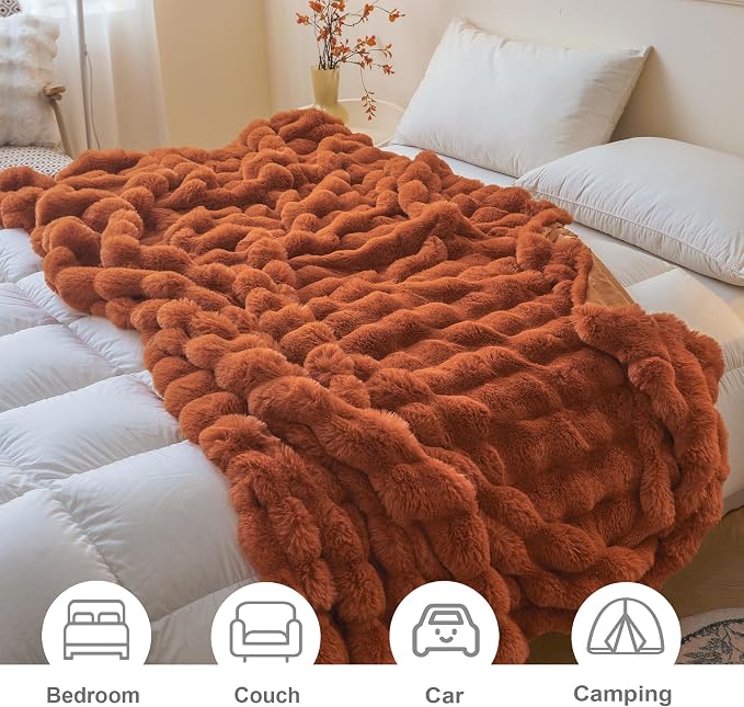 LIFEREVO Luxury Fluffy Faux Rabbit Fur Throw Blanket 50x60, Burnt Orange | Plush Bubble Blanket for Bedroom Living Room Office, Decorative Soft Furry Lap Throw for Kids Girls Teens Adults, Washable
