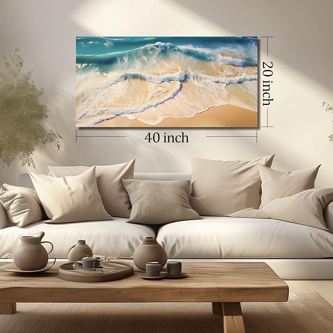 DNIEOTU Beach Wall Art for Living Room, Ocean Waves Canvas Wall-Decor for Bedroom, Landscape Picture Prints for Hallway Office, Size 40 x 20 Inches