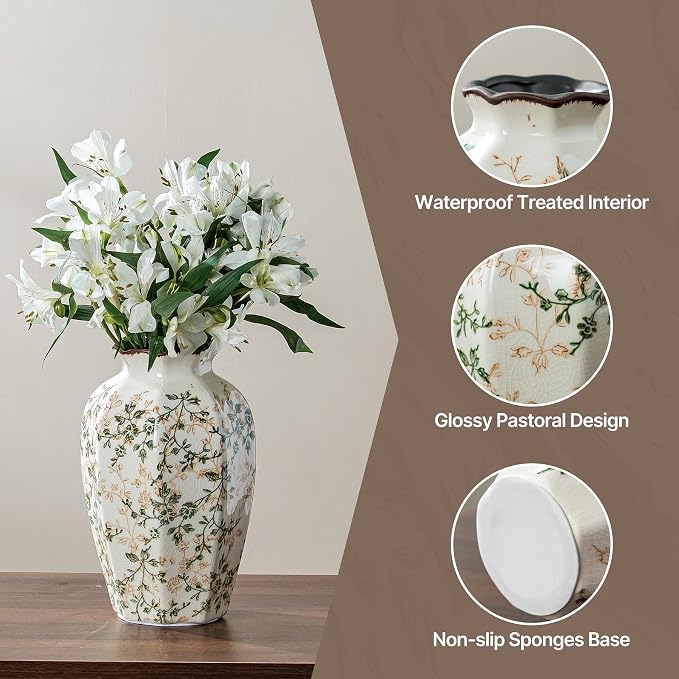 Ceramic Flower Vase for Home Decor, Vintage Green Decorative Vase 9.1 Inch | Rustic Farmhouse Floral Vase for Coffee Table, Living Room, Kitchen, Mantel, Bookshelf, Entryway, Wedding Centerpiece