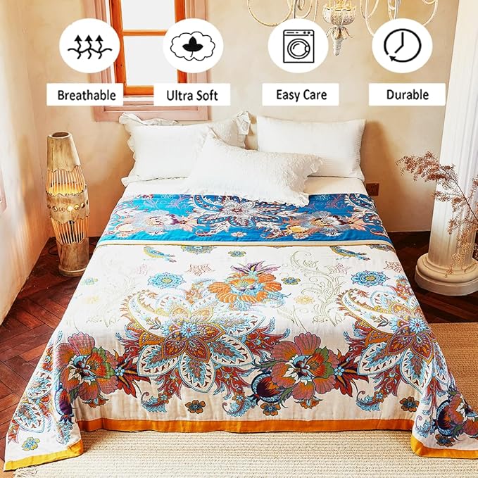 VANJOROY Boho Throw Blanket, 100% Organic Cotton Breathable Skin-Friendly Ultra Soft Bed Quilt Throw - All Season Floral Bird Farmhouse Décor Luxury Blanket for Sofa Couch Chair and Gift. 80" x 90"