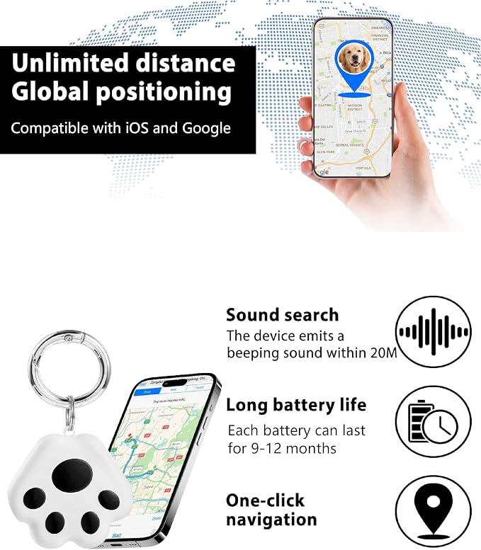 Pet GPS Tracker for Dog and Cat: Dogs and Cats Small Tracking Tag for Google and iOS with No Subscription No Fee - Smart Pets Trackers Waterproof Dustproof Extra Long Batteries Life of 360 Days