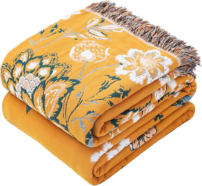 VANJOROY Boho Large Throw Blanket, 100% Organic Cotton Breathable Soft Bed Throw - Floral Bird Farmhouse Decor Blanket for Sofa Couch Chair Quilt and Gift. (Flower-Art, 60" x 80")