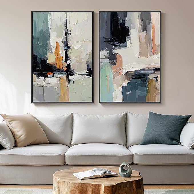 Large Framed Colorful Abstract Wall Art for Living Room Set of 2, 24x36 In | Multicolor, Large artwork for walls, Canvas prints, Modern paintings, Bright pictures, Bedroom hallway office wall decor