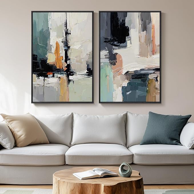 Large Framed Colorful Abstract Wall Art, Set of 2 Modern Canvas Prints Paintings Artwork for Walls, Bright Blue Green Multicolor Pictures for Living Room Hallway Dining Bedroom Wall Decor 20x30 In