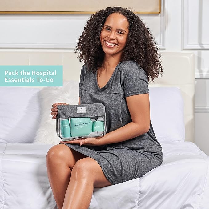 Mama & Wish® Postpartum Essentials Kit (14-Piece) - Includes Hospital Post Partum Essentials for Women After Birth, Labor and Delivery Gown, Peri Bottle, Witch Hazel Foam, Pad Liners & More!