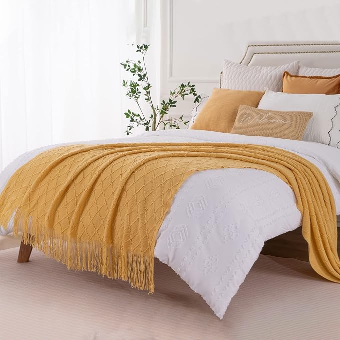BATTILO HOME Yellow Throw Blanket with Fringe, Gold Bed Throws Spring Decorative Large Throw for Couch Sofa Indoor Outdoor (Yellow, 52"x80")
