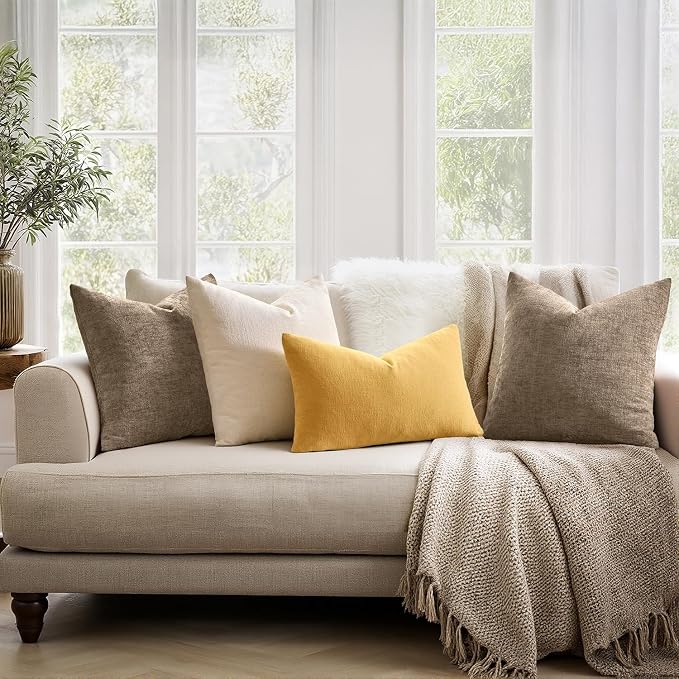 MIULEE Gold Chenille Couch Lumbar Throw Pillow Covers, 12x20 | Set of 2, Soft Farmhouse Modern Home Decor, Decorative Pillowcases for Sofa Living Room Bed