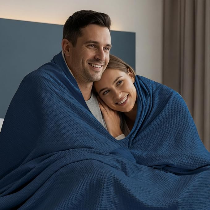 Utopia Bedding Cotton Blend Navy Waffle Blanket Queen - 90x90 Inches | Lightweight, Skin Friendly, Breathable, All Season, Luxury, Bed, Couch, Sofa