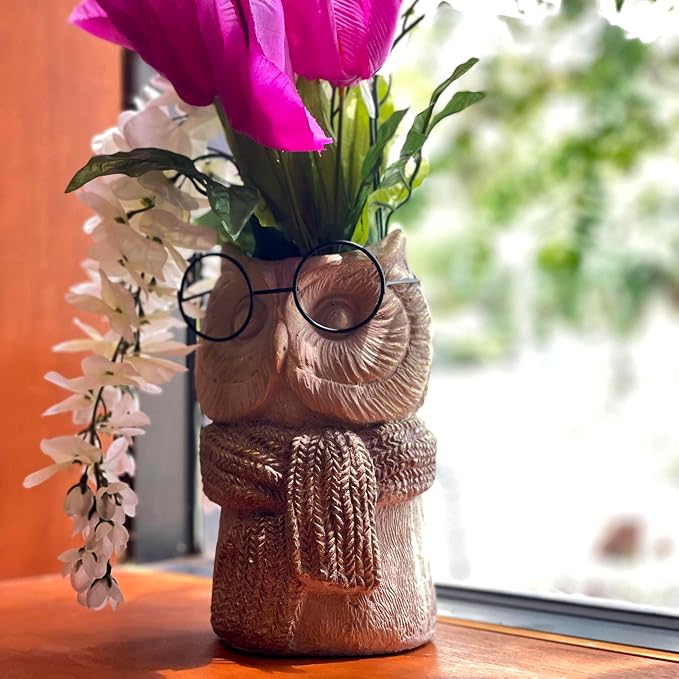 Owl Cement Vase, 8.25 Inch Bespectacled Woodland Planter | Horned Tufts, Distressed Taupe Finish, Real Black Wire Glasses, Gold-Brushed Knit Scarf, 2.75 Inch Opening