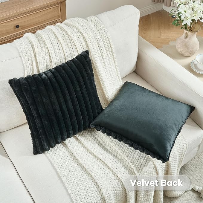 FUTEI Pack of 2 Faux Fur Throw Pillow Covers 20x20 Inch, Black | Fluffy Faux Rabbit Fur Front/Premium Velvet Back,Hidden Zipper,Machine Washable,Non-Shedding,Colorfast,Insert Not Included.