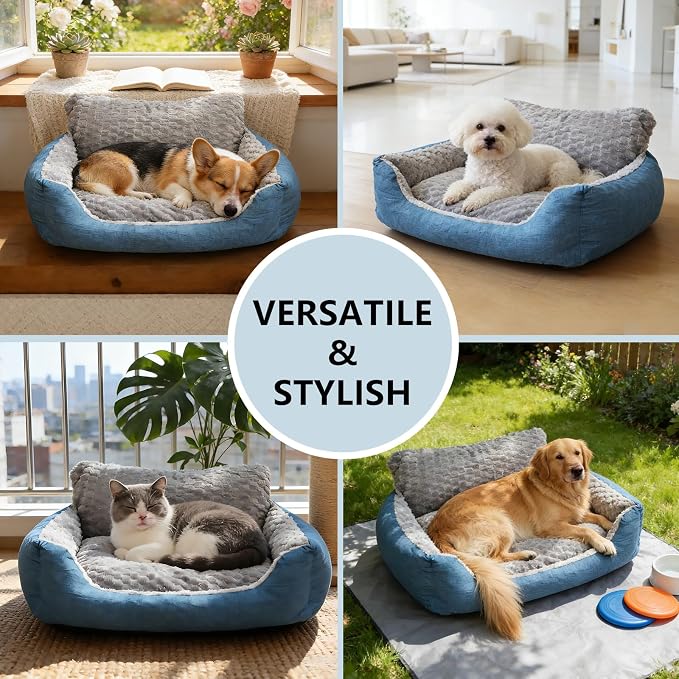Dog Beds Large Sized Dog,35"x28"x13.7" Dual-Sided Bolster Pet Sofa, Machine Washable All Season Bed with Soft Plush & Linen Cushion, Non-Slip Bottom for Dogs Up to 66 lbs