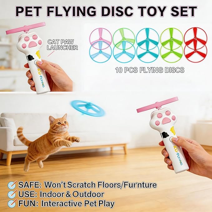 Cat Toy Disc,Interactive Cat Fetch Toy Flying Discs for Pet with 10 Discs | Cat Toys for Indoor Cats,Flying Cat Enrichment Toys for Adult Kittens Dog Playing,Hunting Tracking Chasing Toys for Outdoor