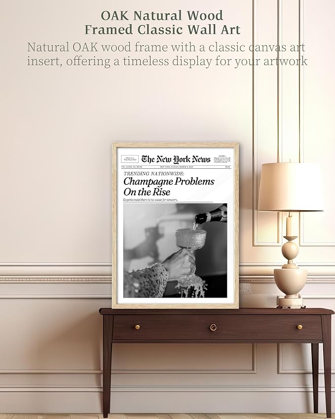 iHery 12x16in Champagne Problems on the Rise Framed Newspaper Art | Natural OAK Wood Frame with Canvas Print, Vintage Champagne Decor for Bar Cart, Kitchen, Living Room and Bathroom, 1Pack