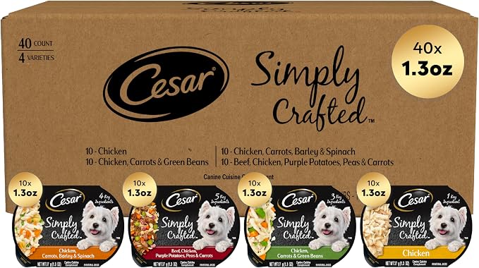 Cesar Simply Crafted Wet Dog Food Toppers, Chicken & Beef, 1.3 oz, 40 Count | Real meat & fresh vegetables, 5 key ingredients or less, no artificials, mix with dry food or serve alone, single-serve tubs