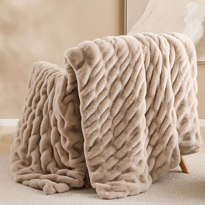 Linen Fluffy Blanket for Couch - Luxury Faux Rabbit Fur 50"x60" | Ultra Soft & Plush Comfort Ruched Blanket, Cozy Fuzzy Fleece Throw for Sofa, Bed & Office, Gift for Women, Linen Room Decor