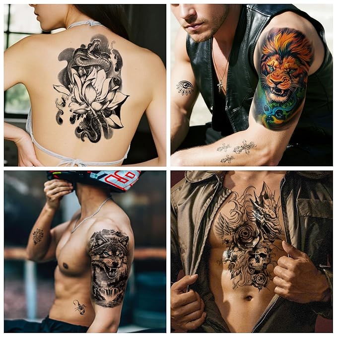36 Sheets Temporary Tattoo for Men Women Adults, 12 Sheets Large Size Black 3D Half Sleeve Fake Tattoos, Halloween Tattoos Scary Lion Wolf Tiger PantherSnake Skull Skeleton Tattoos Stickers