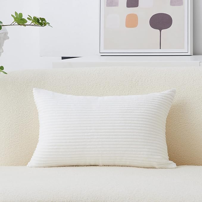 Home Brilliant White Lumbar Pillow Cover Decor Decorative Striped Corduroy Solid Cushion Cover Throw Oblong Pillowcase for Sofa Kids Toddler, 12 x 20 inch, Creamy White